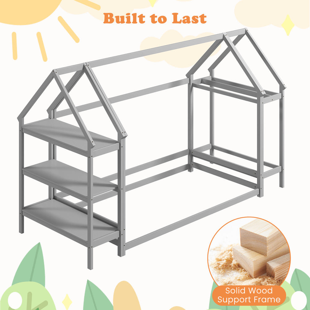Montessori twin size floor house bed in grey with detachable storage shelves and solid wood support frame for kids'.