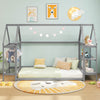 Montessori twin size floor house bed in grey with detachable shelves and coat rack, ideal for kids' room decor.