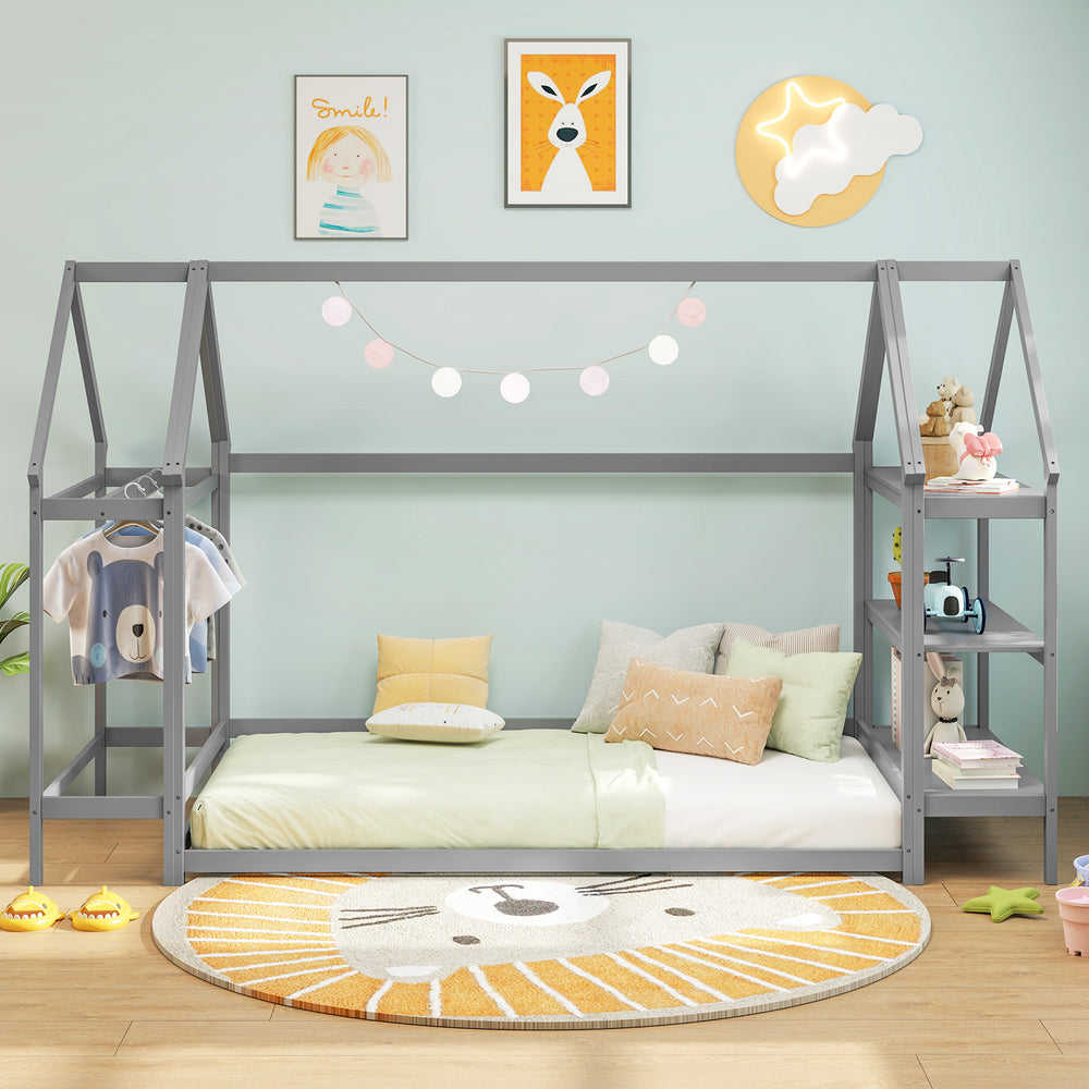 Montessori twin size floor house bed in grey with detachable shelves and coat rack, ideal for kids' room decor.