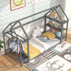 Montessori-inspired twin size house bed in grey with detachable storage shelves, perfect for kids' rooms and playtime.