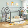 Montessori-inspired twin size floor house bed in grey with detachable storage shelves for kids' room organization.