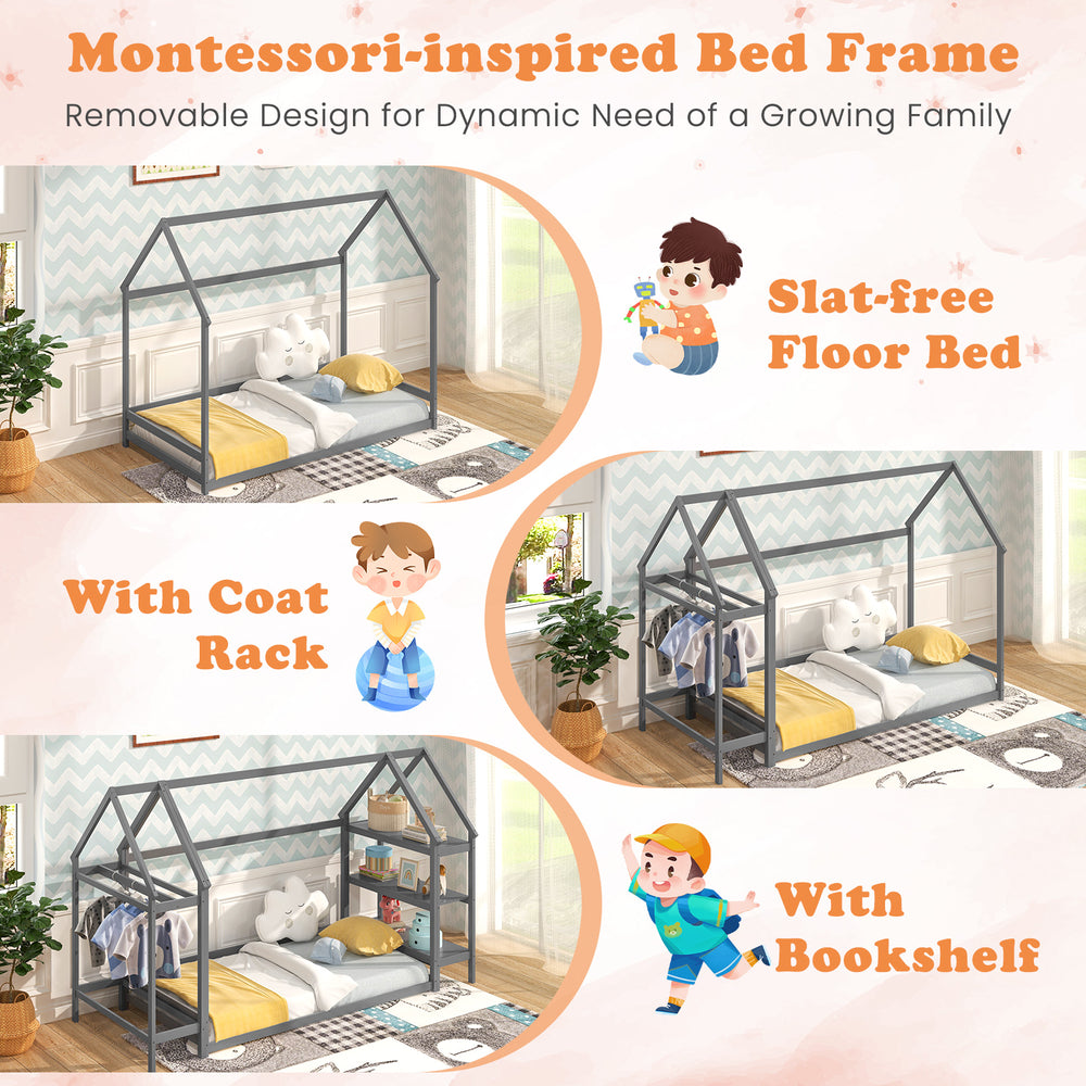 Twin size Montessori floor house bed in grey with detachable shelves, coat rack, and bookshelf for kids' room.