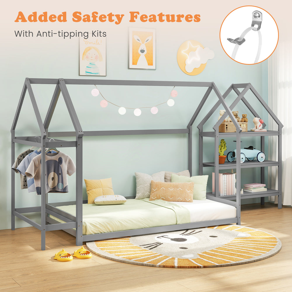 Montessori twin size floor house bed in grey with detachable shelves and anti-tipping kits for added safety in kids'.