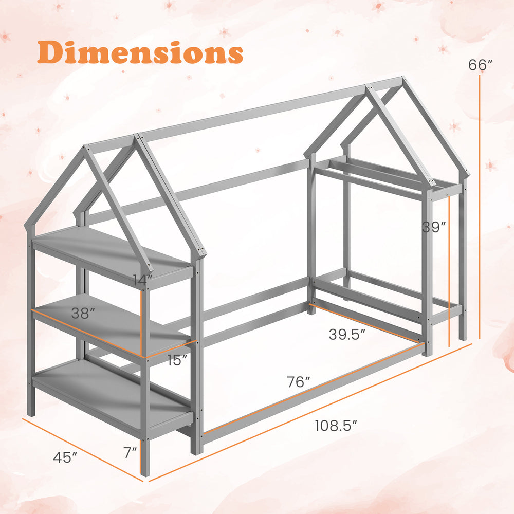 Twin size Montessori floor house bed dimensions with detachable storage shelves in grey for kids' room organization.