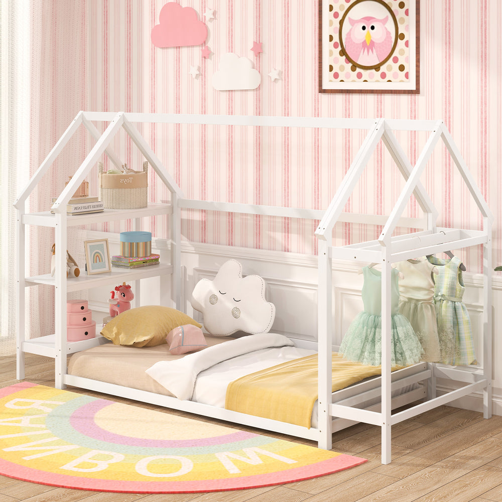 Twin Size Montessori Floor House Bed with Detachable Storage Shelves-White - Gallery View 1 of 10