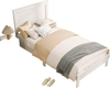 Twin size wooden bed frame in white with headboard, featuring slat support and ample under-bed storage.