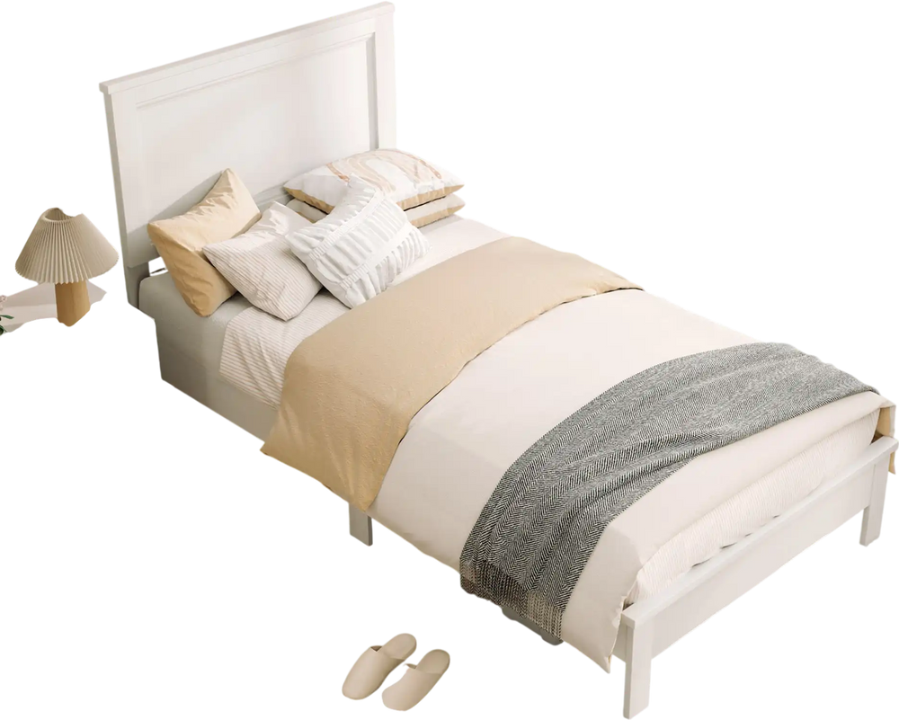 Twin size wooden bed frame in white with headboard, featuring slat support and ample under-bed storage.