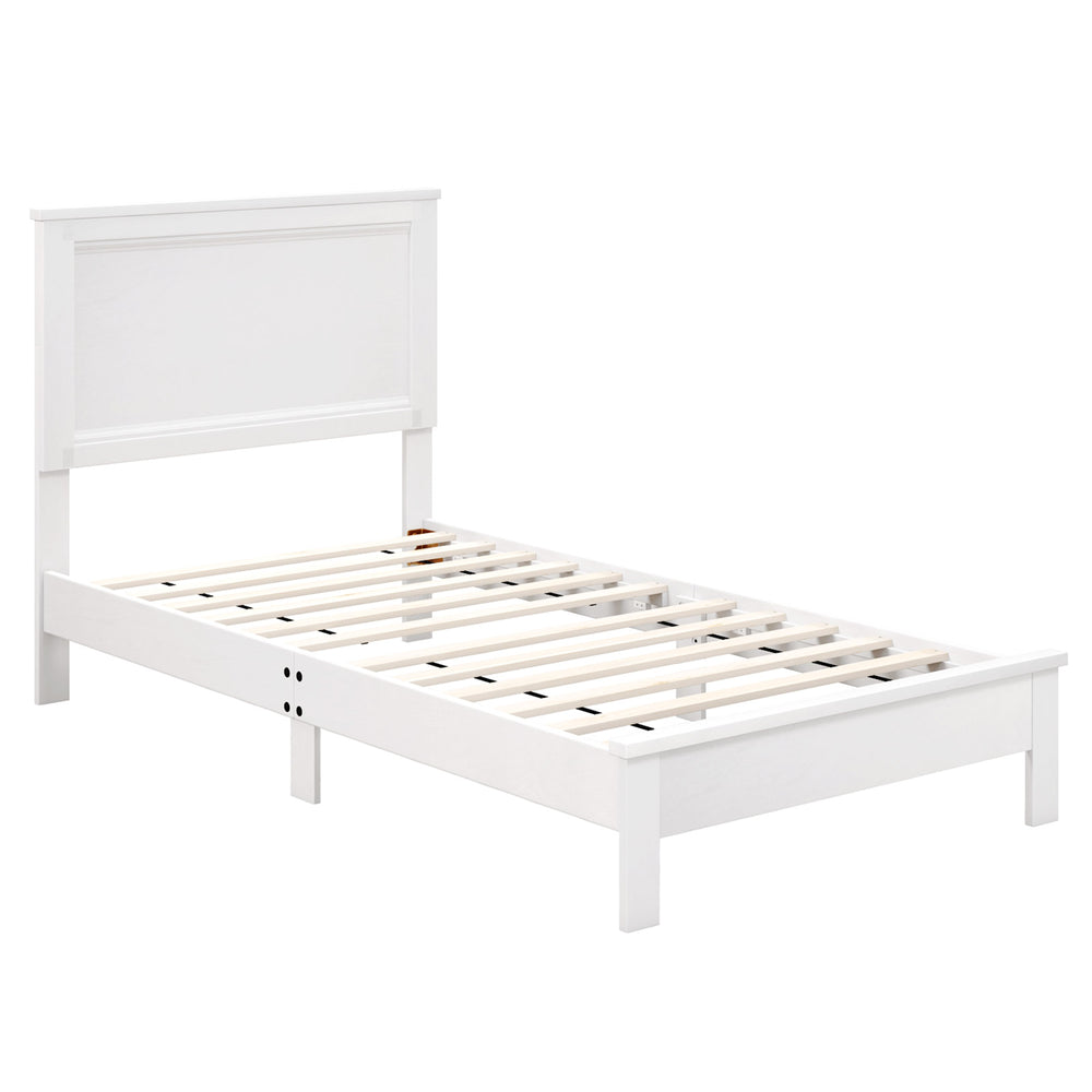 Twin size wooden bed frame in white with headboard and slat support, designed for standard mattresses and easy.