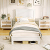 Twin size wooden bed frame in white with headboard, slat support, and under-bed storage for contemporary bedrooms.
