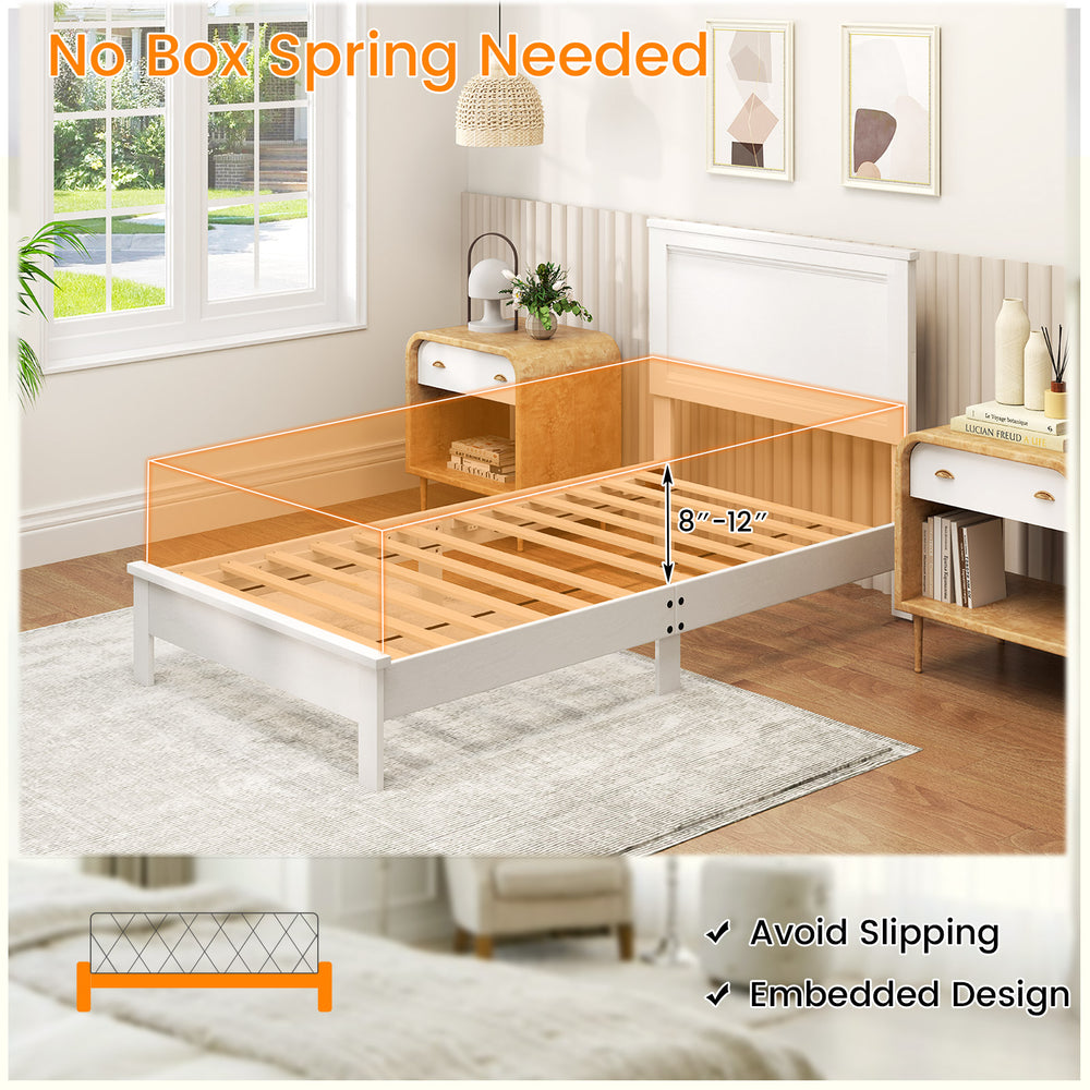 Twin size wooden bed frame in white with integrated headboard and slat support, no box spring needed, ideal for storage.