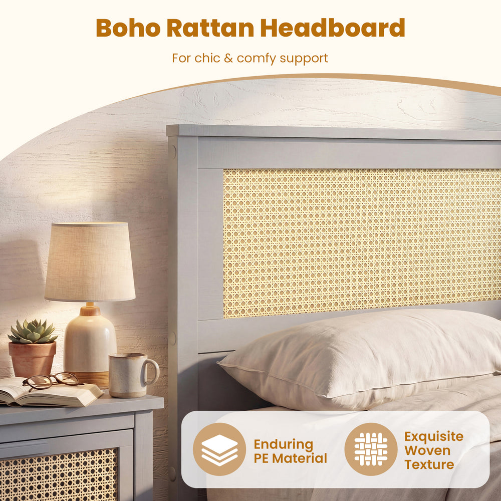 Twin size rattan bed frame in gray with woven accent and storage drawers for stylish organization and support.