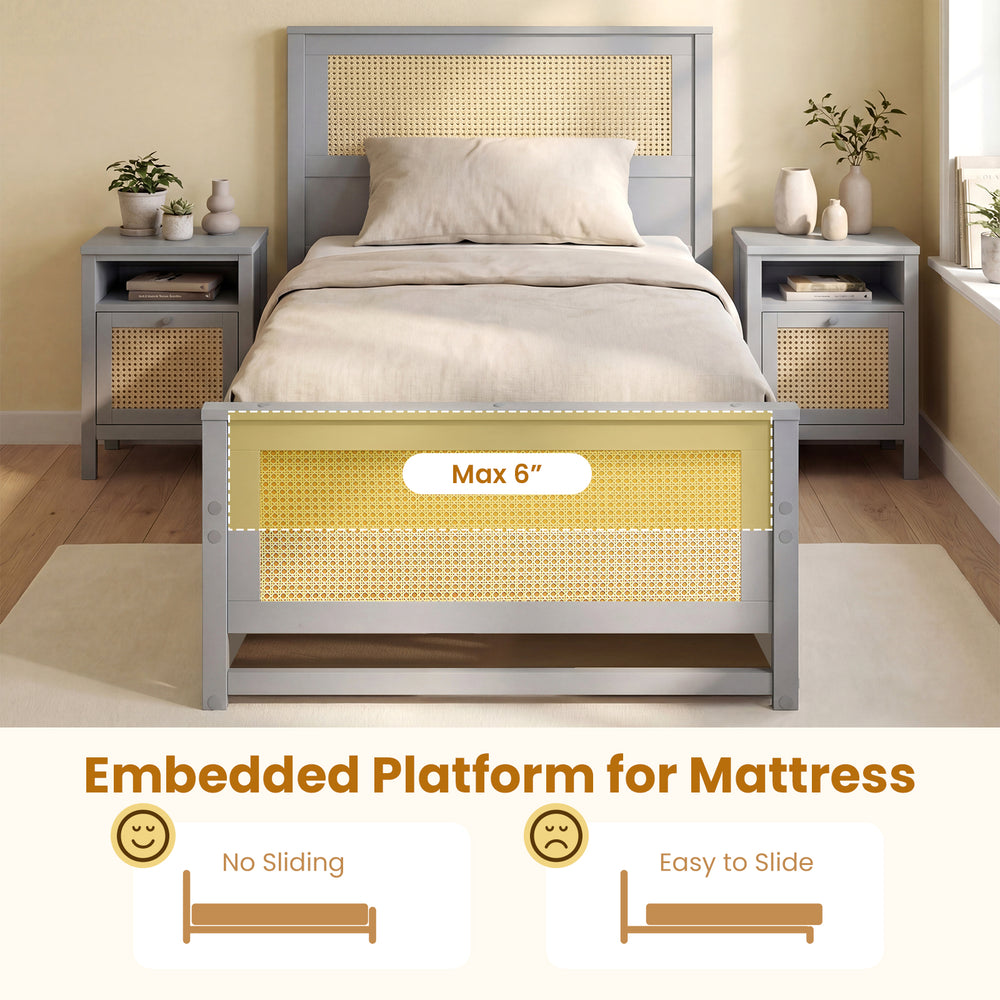 Twin size gray rattan bed frame with two storage drawers and embedded platform for non-sliding mattress placement.