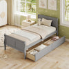 Twin size sleigh bed in gray with two storage drawers, featuring a stylish headboard for elegant bedroom decor.