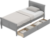 Twin size sleigh bed in gray with two storage drawers, featuring a stylish headboard and sturdy wooden frame.