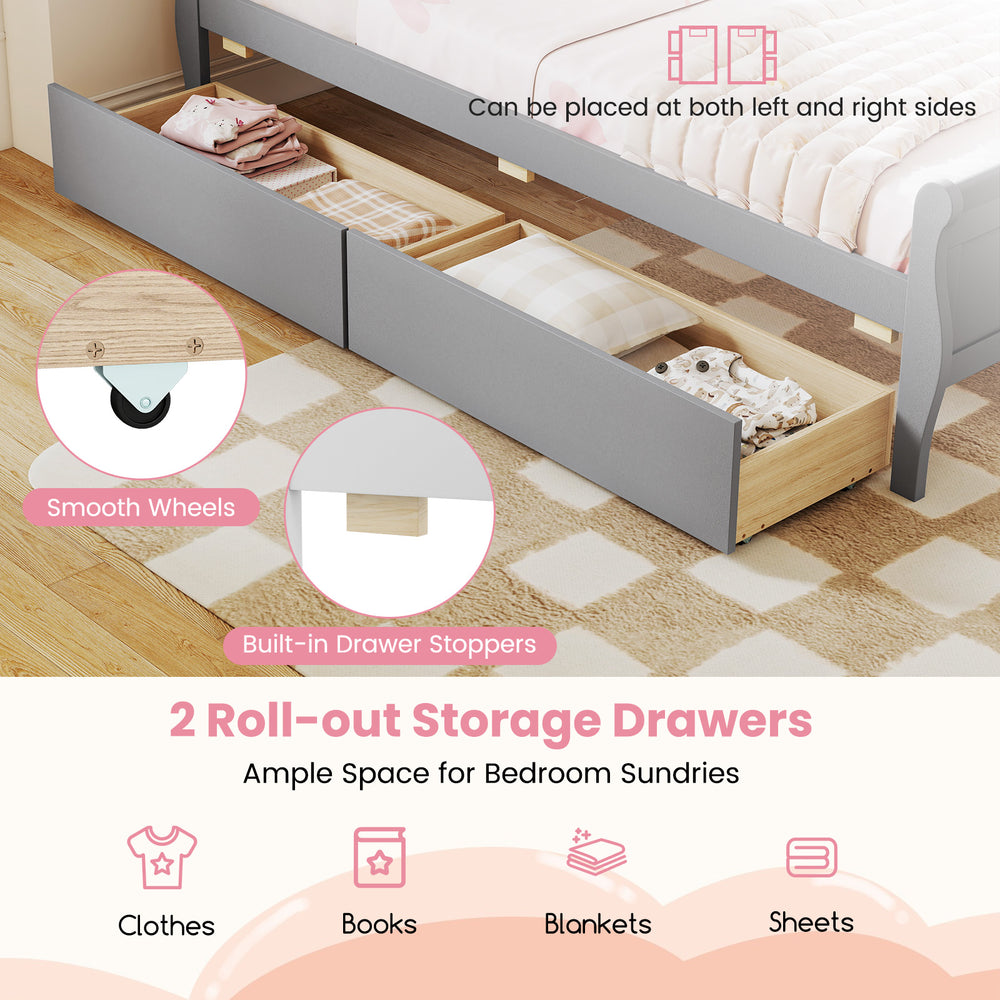 Twin size sleigh bed with gray finish and two roll-out storage drawers, featuring smooth wheels and built-in stoppers.