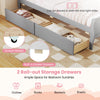 Twin size sleigh bed with gray finish and two roll-out storage drawers, featuring smooth wheels and built-in stoppers.