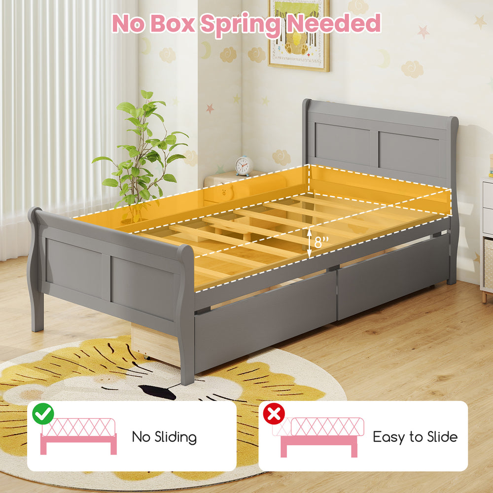 Twin size gray sleigh bed frame with 2 storage drawers, no box spring needed, featuring a sturdy wooden platform.