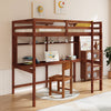 Twin size solid wood slatted loft bed frame in brown with desk, storage shelf, and safety guardrails for kids.
