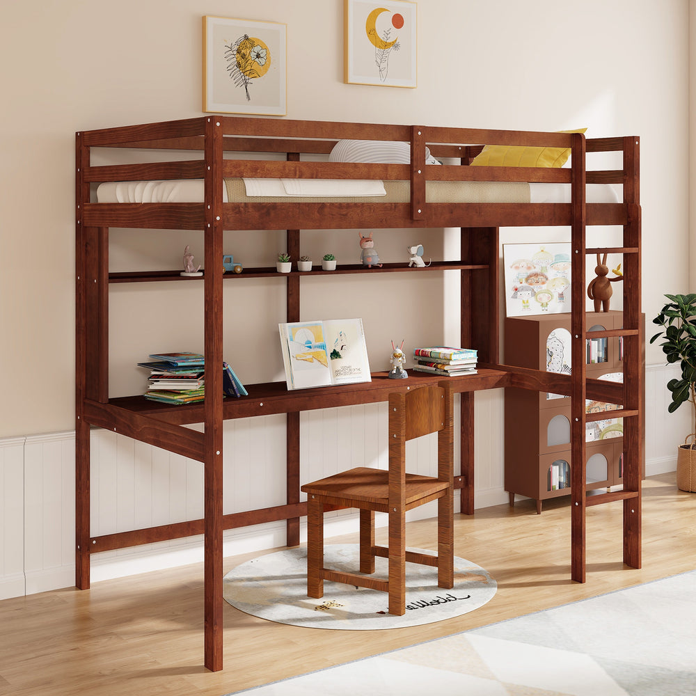 Twin size solid wood slatted loft bed frame in brown with desk, storage shelf, and safety guardrails for kids.