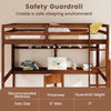 Twin size solid wood loft bed frame with safety guardrail, integrated desk, and storage shelf for kids' room.