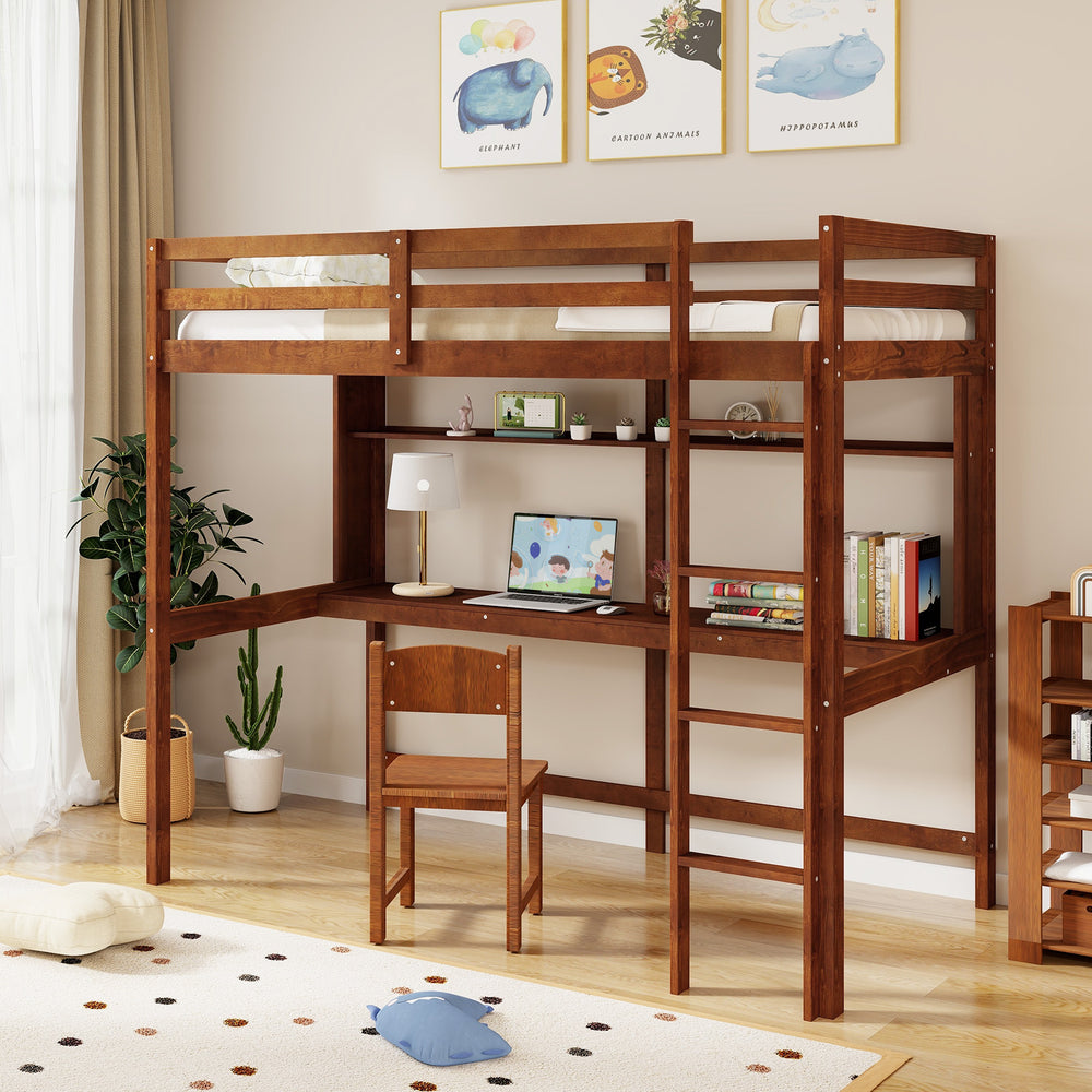 Twin size solid wood slatted loft bed frame in brown featuring a comfortable integrated ladder and storage shelf for.