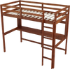 Twin size solid wood slatted loft bed frame in brown with safety guardrails and integrated ladder for kids' rooms.