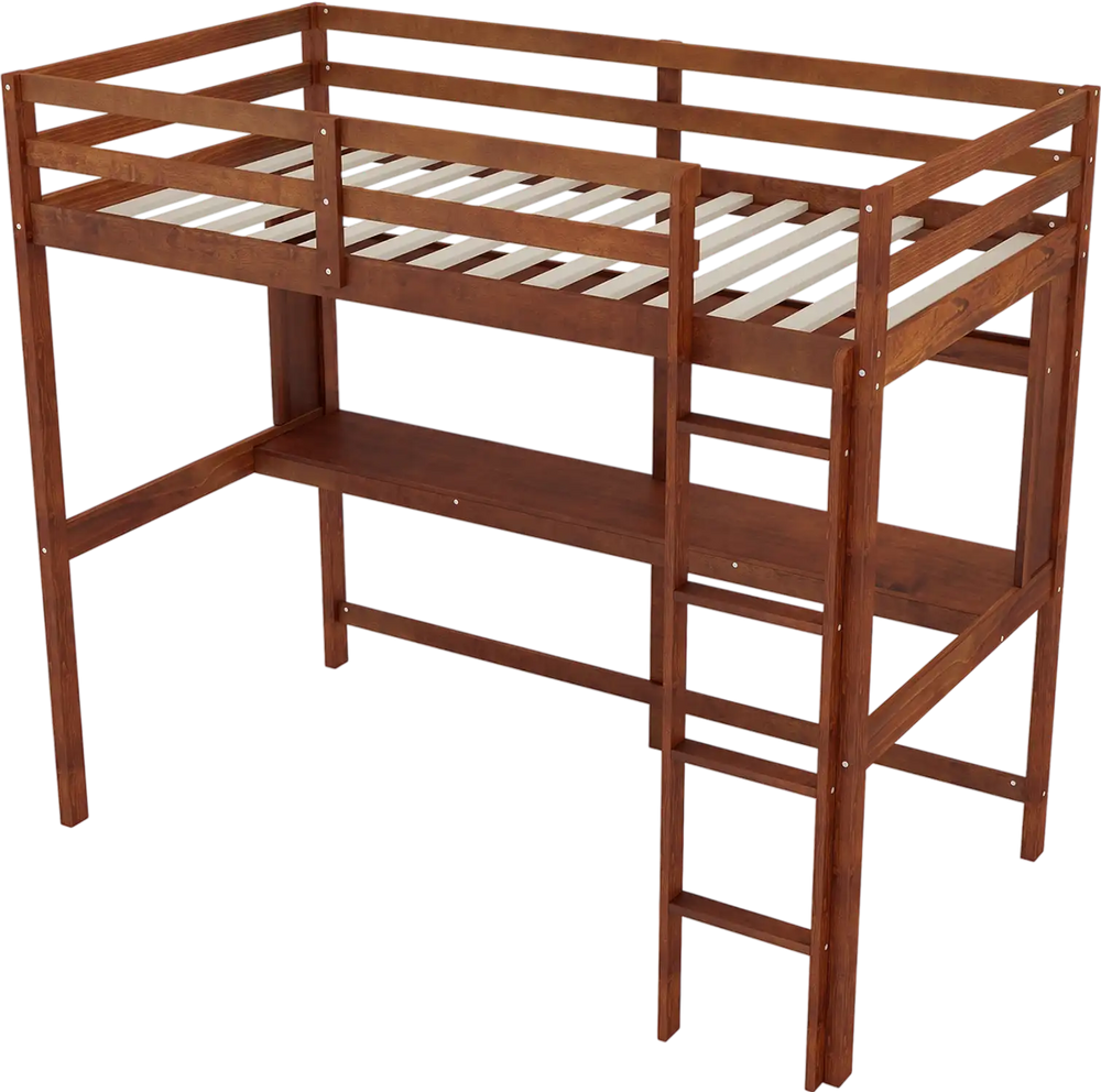 Twin size solid wood slatted loft bed frame in brown with safety guardrails and integrated ladder for kids' rooms.