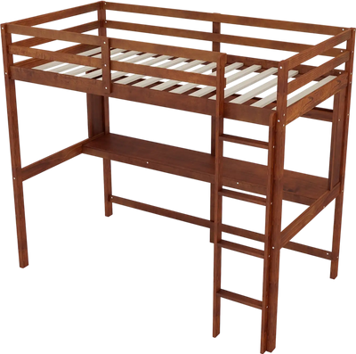 Costway Twin Solid Wood Slatted Loft Bed Frame w/ Safety Guardrail 89521376 New