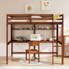 Twin size solid wood slatted loft bed frame in brown with desk and safety guardrails for kids' room organization.
