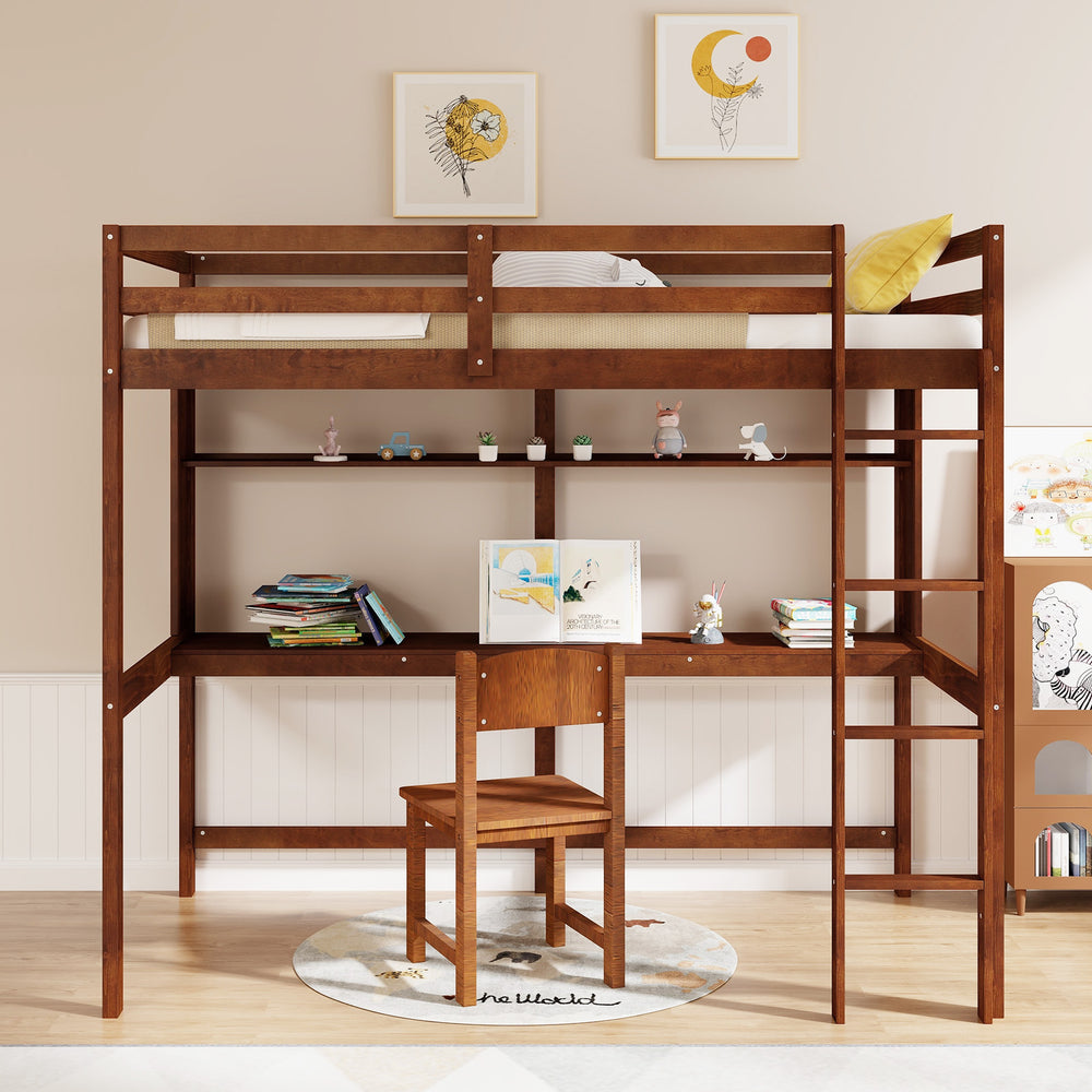 Twin size solid wood slatted loft bed frame in brown with desk and safety guardrails for kids' room organization.