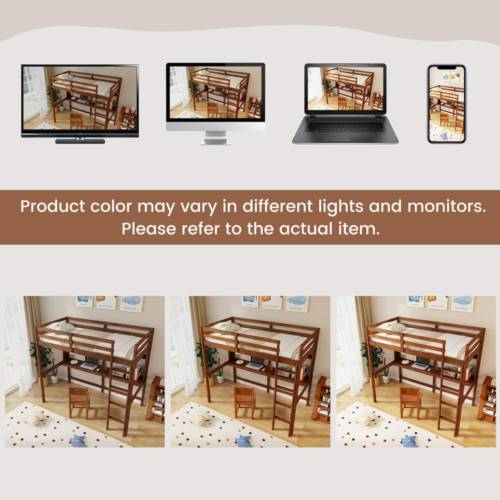 Twin size solid wood slatted loft bed frame in brown with safety guardrail, integrated ladder, desk, and storage shelf.