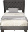 Twin size upholstered platform bed with button tufted headboard, solid wood slats, and stylish gray fabric for bedroom.