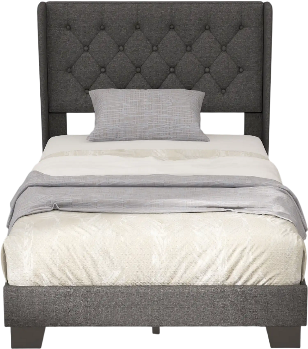 Twin size upholstered platform bed with button tufted headboard, solid wood slats, and stylish gray fabric for bedroom.
