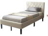Twin size upholstered platform bed in beige with button tufted headboard, perfect for bedrooms or guest rooms.