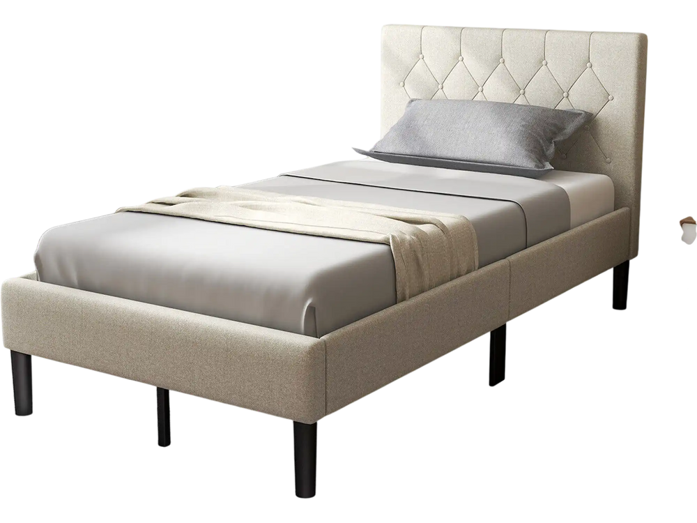 Twin size upholstered platform bed in beige with button tufted headboard, perfect for bedrooms or guest rooms.