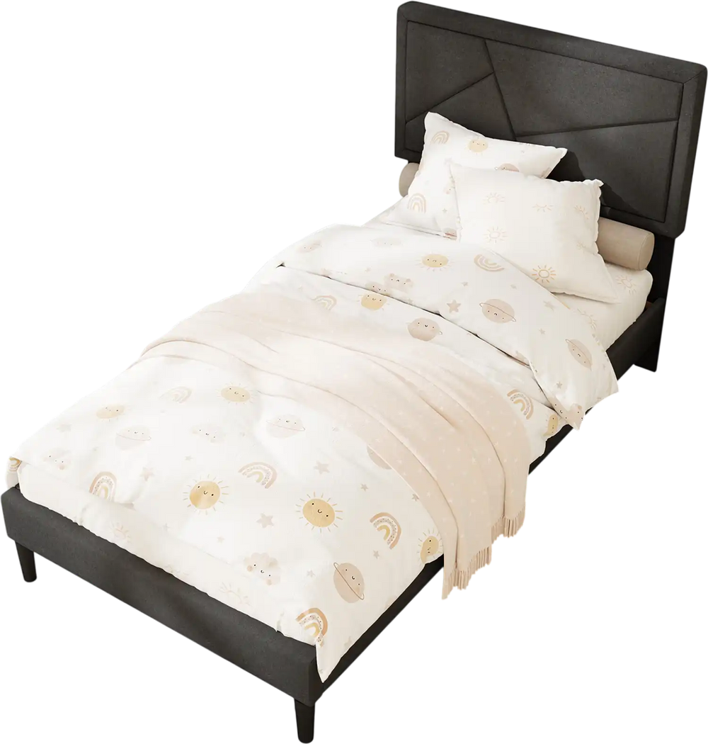 Twin upholstered platform bed frame with high headboard in a modern style, featuring a soft padded surface and robust.