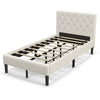 Twin size upholstered platform bed in beige with button tufted headboard and sturdy wooden slats for bedroom comfort.