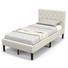 Twin size upholstered platform bed in beige with button tufted headboard, ideal for bedrooms or guest rooms.