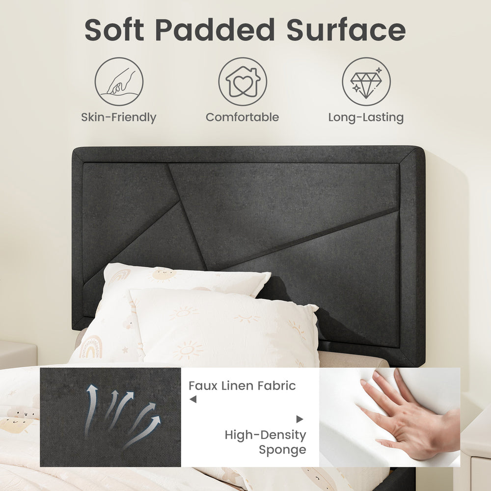 Upholstered platform bed frame with a soft padded faux linen headboard, featuring a robust structure and no box spring.