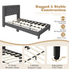 Upholstered platform bed with button tufted headboard, solid wooden slats, and adjustable foot pads for stability.