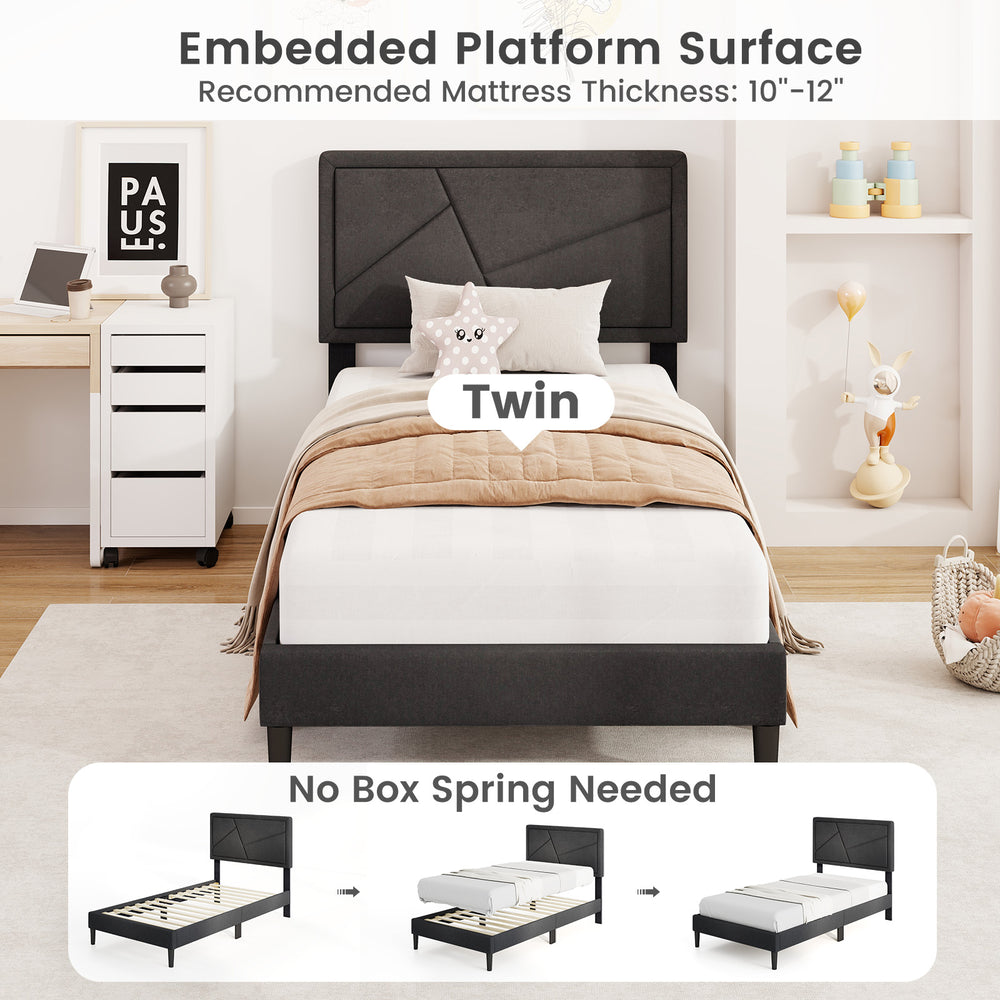 Upholstered twin bed frame with high headboard, faux linen fabric, embedded platform surface, no box spring needed.