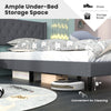 Twin size upholstered platform bed in gray with button tufted headboard and ample under-bed storage for organization.