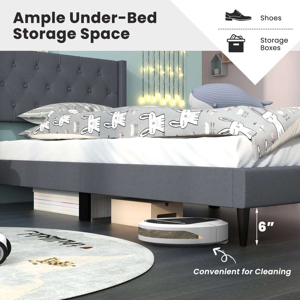 Twin size upholstered platform bed in gray with button tufted headboard and ample under-bed storage for organization.