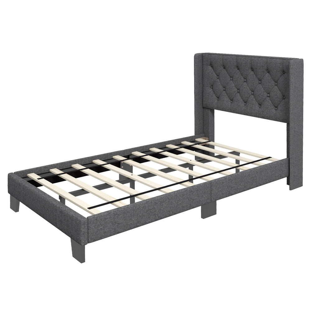 Twin size upholstered platform bed with button tufted headboard, solid wooden slats, and durable polyester fabric for.