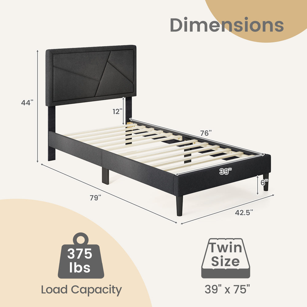 Twin size upholstered platform bed frame with high headboard, faux linen fabric, and 375 lbs load capacity.