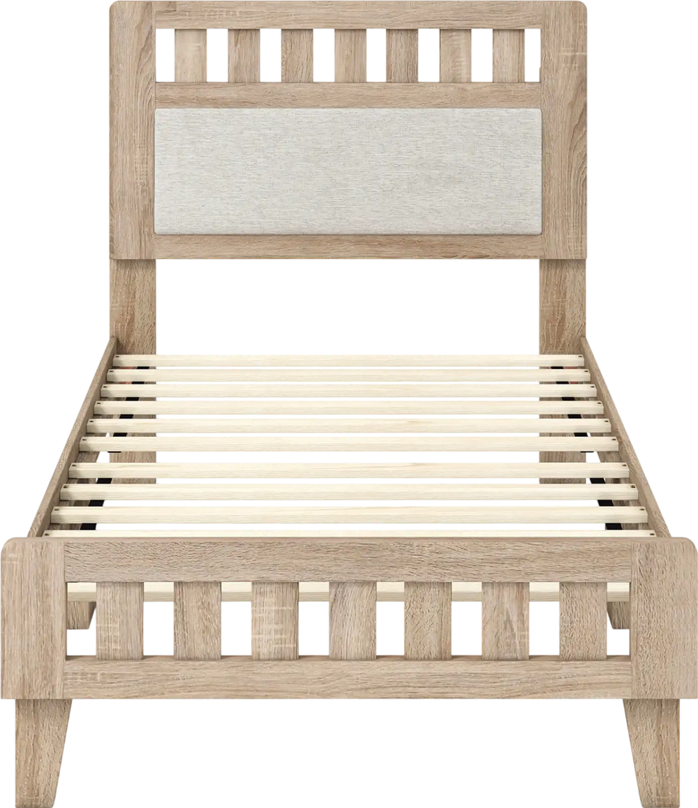 Twin size wood bed frame with upholstered headboard, featuring robust construction and stylish mid-century design.