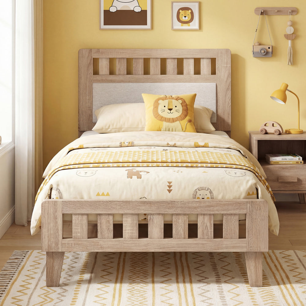 Twin Size Wood Bed Frame with Upholstered Headboard Mid Century Style - Gallery View 1 of 10