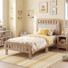 Twin size wood bed frame with upholstered headboard, featuring a mid-century style and robust wooden construction for.
