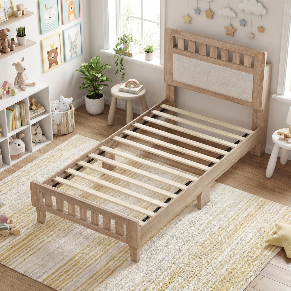 Twin size wood bed frame with upholstered headboard, featuring robust construction and no-sliding design for mattress.