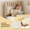 Twin size wood bed frame with upholstered headboard, featuring breathable fabric and high-density sponge for comfort.
